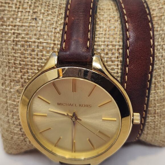 Michael Kors Slim Runway Double Wrap Watch Brown Leather Gold Tone Face Works main image 8